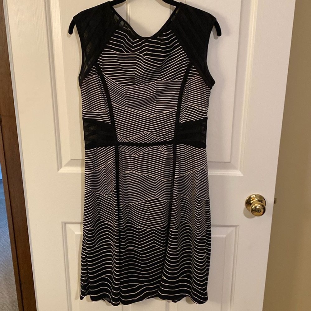 BCBG Max Azria black and white geometric and sheer dress 👗 Medium. Gorgeous!
